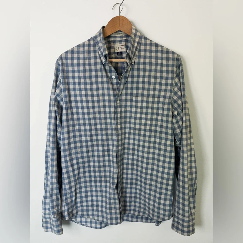 J Crew Mens Gingham Button Up Shirt Size L Blue Long Sleeve Collared